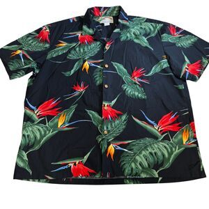 Vintage Paradise Found Hawaiian Aloha Shirt XL Black Bird of Paradise Floral USA